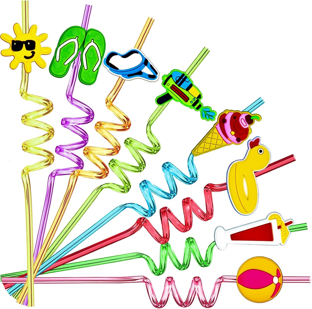 24-Piece Beach Theme Reusable Plastic Straws Set | 8 Colorful Cocktail Drinking Straws with 2 Cleaning Brushes for Summer Pool Party, Beach Ball Birthday & Tropical Favors